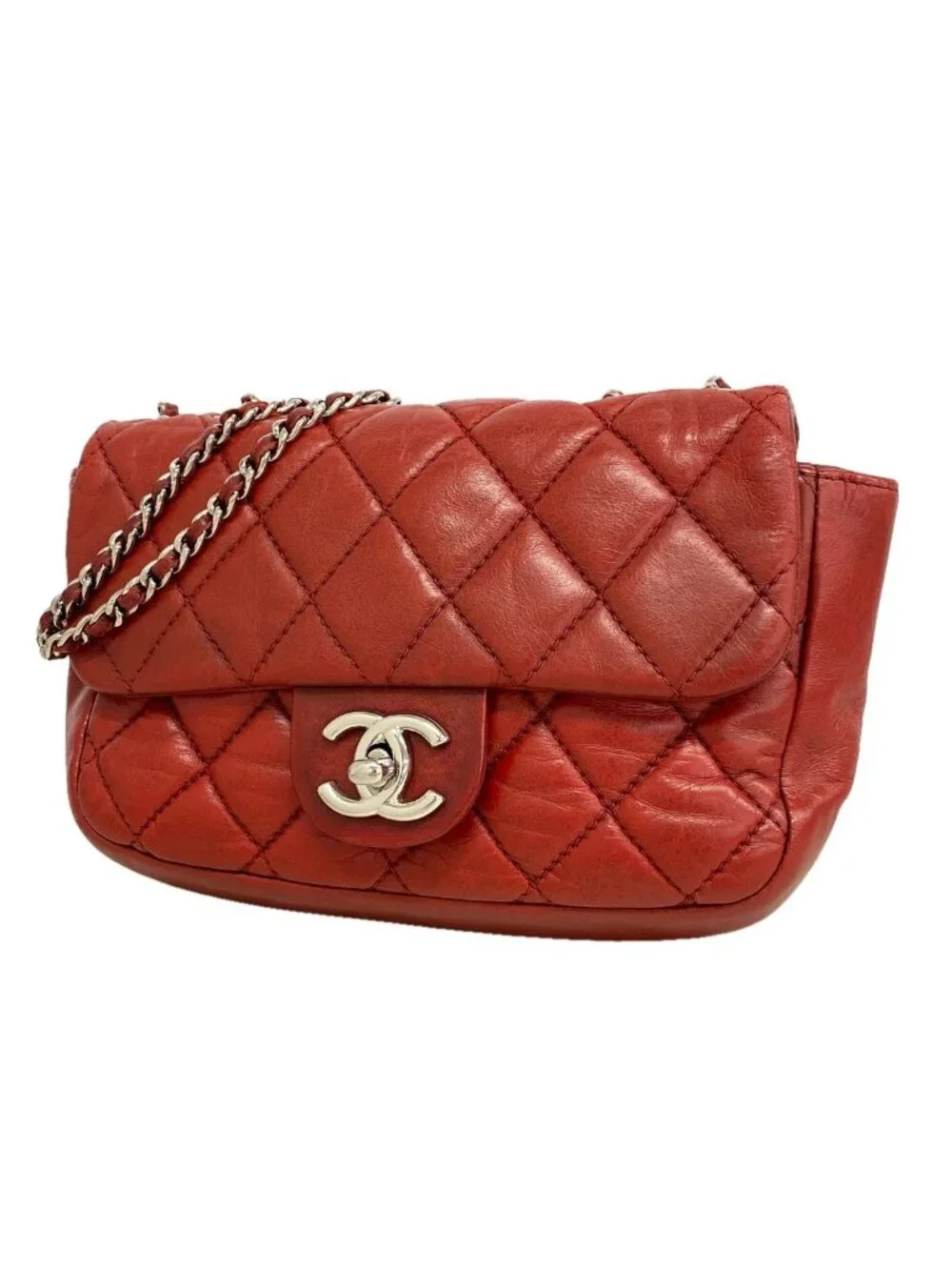 Chanel Shoulder Bag Mini Quilted Lambskin Red Silver